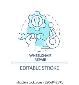 Wheelchair Repair Turquoise Concept Icon. In Demand Small Business Idea Abstract Idea Thin Line Illustration. Isolated Outline Drawing. Editable Stroke. Arial, Myriad Pro-Bold Fonts Used