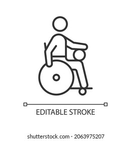 Wheelchair rugby linear icon. Competitive sport for sitting athletes. Disabled sportsmen. Thin line customizable illustration. Contour symbol. Vector isolated outline drawing. Editable stroke