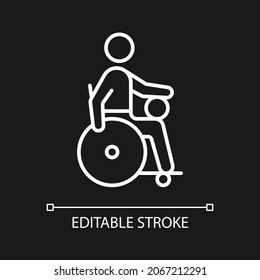 Wheelchair rugby white linear icon for dark theme. Competitive adaptive sport. Disabled sportsmen. Thin line customizable illustration. Isolated vector contour symbol for night mode. Editable stroke