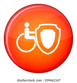 Wheelchair and safety shield icon in red circle isolated on white background vector illustration