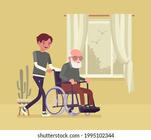 Wheelchair senior, aged handicapped man with male nurse at home. Older adult care, volunteer nursing, assistance, charity, disability social support service. Vector flat style cartoon illustration
