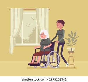 Wheelchair senior, aged handicapped woman with nurse at home. Older adult family care, volunteer nursing, assistance, charity, disability social support service. Vector flat style cartoon illustration