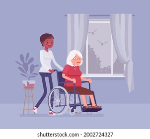 Wheelchair Senior, Aged Handicapped Woman With Nurse At Home. Older Adult Family Care, Volunteer Nursing, Assistance, Charity, Disability Social Support Service. Vector Flat Style Cartoon Illustration