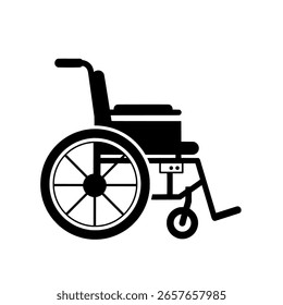 Cadeira de rodas mostrada como um ícone de silhueta preto sólido. Um gráfico simples para conceitos de acessibilidade, deficiência, hospitais ou tratamento de pacientes.
