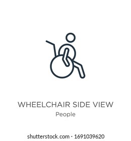 Wheelchair side view icon. Thin linear wheelchair side view outline icon isolated on white background from people collection. Line vector sign, symbol for web and mobile