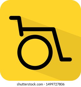 Wheelchair sign. Handicap parking. Disabled person or patient. Special requirements. Flat 3D shadow design. yellow background black vector. product brand service label banner board display. App icon.