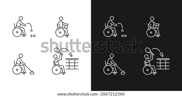 Wheelchair sport linear icons set for dark and
light mode. Adaptive sport competitions. Athlete with disability.
Customizable thin line symbols. Isolated vector outline
illustrations. Editable
stroke