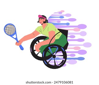 Wheelchair sport logo or design element, flat vector illustration isolated on white. A person with disabilities or limited mobility playing wheelchair tennis.
