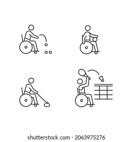 Wheelchair sports linear icons set. Adaptive sport games. Competitive games. Sportsmen with disability. Customizable thin line contour symbols. Isolated vector outline illustrations. Editable stroke