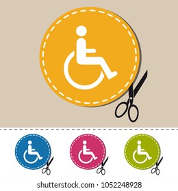 Wheelchair Sticker With Scissor And Cut Line - Colorful Vector Icons - Isolated On White Background
