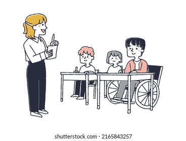 A wheelchair student taking classes at school, a comical handwritten person who learns in the same class with other children as well as physically handicapped people.