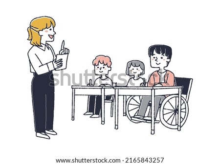 A wheelchair student taking classes at school, a comical handwritten person who learns in the same class with other children as well as physically handicapped people.