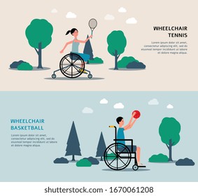 Wheelchair tennis and basketball banner set with disabled man and woman playing sport game with racquet and ball. Athletes with disability in park - flat vector illustration