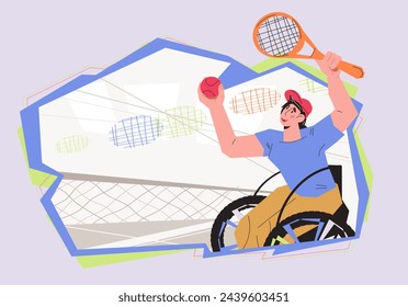 Wheelchair tennis competition banner or poster design promoting accessibility for persons with disabilities, flat vector illustration. Thrill of the game and support inclusivity in sports.