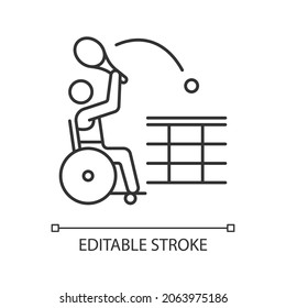 Wheelchair tennis linear icon. Adaptive tennis. Team competition game. Athletes with disability. Thin line customizable illustration. Contour symbol. Vector isolated outline drawing. Editable stroke