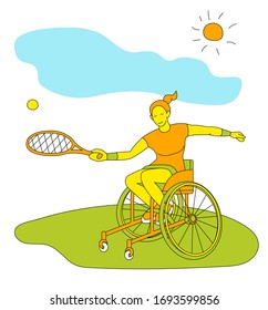 Wheelchair tennis player. Flat vector illustration with disabled women as sport concept of inclusiveness. Isolated on a white background. 