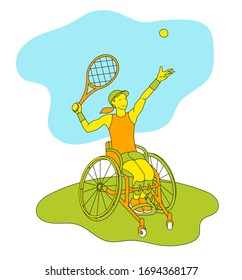 Jugador de tenis en silla de ruedas. Ilustración vectorial plana con mujeres discapacitadas como concepto deportivo de inclusión. Aislado sobre un fondo blanco. 