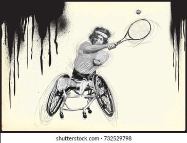 WHEELCHAIR TENNIS. From the series SILENT HEROES - Athletes with physical disabilities. An hand drawn vector. Note - Any accurate photo original for this picture, original is created by me.