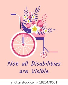 Wheelchair With Tropical Flower Concept Vector. International Day Of Disabled Persons Illustration. Invisible Disabilities Awareness Week, Month.