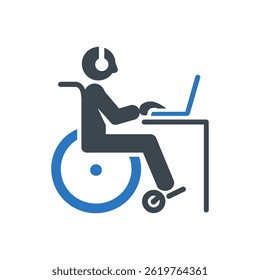 Rollstuhlfahrer mit Computersymbol einzeln auf weißem Hintergrund