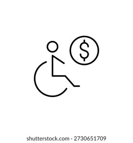 Usuario de silla de ruedas y dólar. Costo de Asistencia de accesibilidad, pago de asistencia por discapacidad, gasto de servicio incluido. Icono de Vector de trazo perfecto y editable