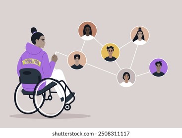 Un usuario de silla de ruedas se involucra con una red de personas diversas, simbolizando la conectividad y la comunidad, al tiempo que muestra la importancia de la inclusión y la amistad en la vida cotidiana