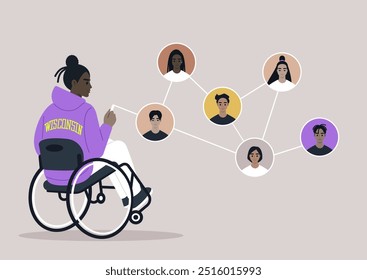 Un usuario de silla de ruedas se involucra con una red de personas diversas, simbolizando la conectividad y la comunidad, al tiempo que muestra la importancia de la inclusión y la amistad en la vida cotidiana