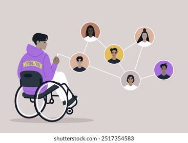 Un usuario de silla de ruedas se involucra con una red de personas diversas, simbolizando la conectividad y la comunidad, al tiempo que muestra la importancia de la inclusión y la amistad en la vida cotidiana