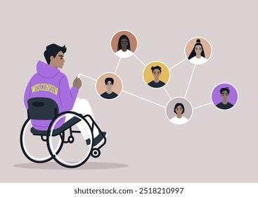 Un usuario de silla de ruedas se involucra con una red de personas diversas, simbolizando la conectividad y la comunidad, al tiempo que muestra la importancia de la inclusión y la amistad en la vida cotidiana