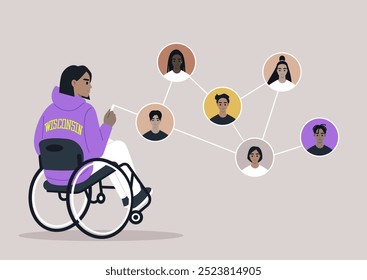 Un usuario de silla de ruedas se involucra con una red de personas diversas, simbolizando la conectividad y la comunidad, al tiempo que muestra la importancia de la inclusión y la amistad en la vida cotidiana