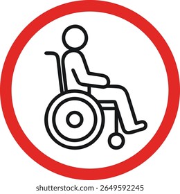Ícone do utilizador em cadeira de rodas dentro de um círculo vermelho para a sensibilização para a acessibilidade, símbolo da pessoa com deficiência, alerta de mobilidade para pessoas com deficiência, sinal universal para serviços de deficiência ou aviso de acesso restrito.