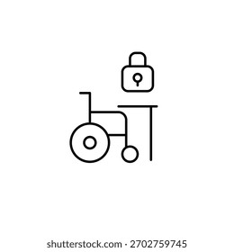 Rollstuhlfahrer am Schreibtisch und Schloss. Zugänglichkeit und Inklusivität am Arbeitsplatz. Pixel perfekt, bearbeitbares Strichvektorsymbol