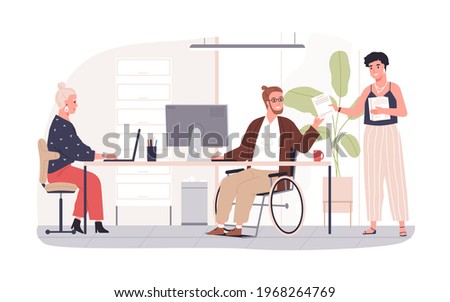Wheelchair user working in office. Concept of disabled people inclusion into society. Employee in wheel chair at workplace. Colored flat vector illustration isolated on white background