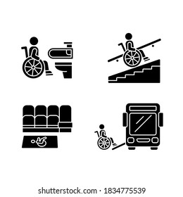Wheelchair users facilities black glyph icons set on white space. Avoiding stairs. Accessible toilet. Vertical platform lift. Silhouette symbols. City infrastructure. Vector isolated illustration