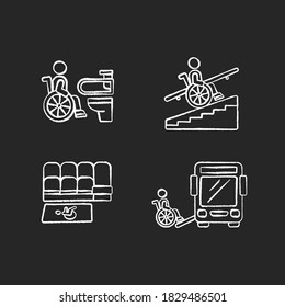 Wheelchair users facilities chalk white icons set on black background. Avoiding stairs. Accessible toilet. Vertical platform lift. City infrastructure. Isolated vector chalkboard illustrations