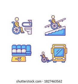 Wheelchair users facilities RGB color icons set. Avoiding stairs. Accessible toilet. Vertical platform lift. Accessible transportation. City infrastructure. Isolated vector illustrations
