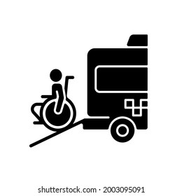 Wheelchair van black glyph icon. Accessible van. Increased mobility of people with disability. Non-emergency medical van. Silhouette symbol on white space. Vector isolated illustration