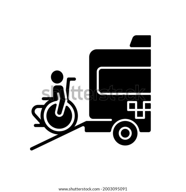 Wheelchair van\
black glyph icon. Accessible van. Increased mobility of people with\
disability. Non-emergency medical van. Silhouette symbol on white\
space. Vector isolated\
illustration