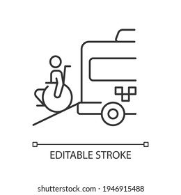 Wheelchair van linear icon. Accessible van. Increased mobility of people with disability. Thin line customizable illustration. Contour symbol. Vector isolated outline drawing. Editable stroke