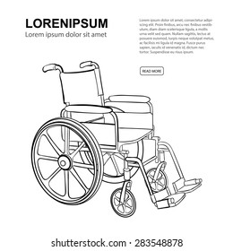 Wheelchair. Vector hand drawn illustration isolate on white background. Website page template 