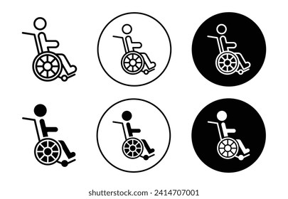 Colección de conjunto de iconos vectoriales en silla de ruedas. Icono plano de contorno de silla de ruedas.