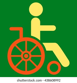 Wheelchair vector icon. Style is bicolor flat icon symbol with rounded angles, orange and yellow colors, green background.