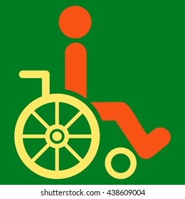 Wheelchair vector icon. Style is bicolor flat icon symbol with rounded angles, orange and yellow colors, green background.