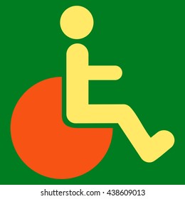 Wheelchair vector icon. Style is bicolor flat icon symbol with rounded angles, orange and yellow colors, green background.