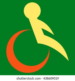 Wheelchair vector icon. Style is bicolor flat icon symbol with rounded angles, orange and yellow colors, green background.