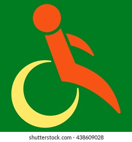 Wheelchair vector icon. Style is bicolor flat icon symbol with rounded angles, orange and yellow colors, green background.
