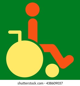 Wheelchair vector icon. Style is bicolor flat icon symbol with rounded angles, orange and yellow colors, green background.