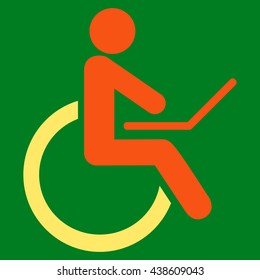 Wheelchair vector icon. Style is bicolor flat icon symbol with rounded angles, orange and yellow colors, green background.