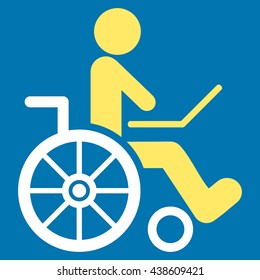 Wheelchair vector icon. Style is bicolor flat icon symbol with rounded angles, yellow and white colors, blue background.