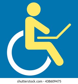 Wheelchair vector icon. Style is bicolor flat icon symbol with rounded angles, yellow and white colors, blue background.